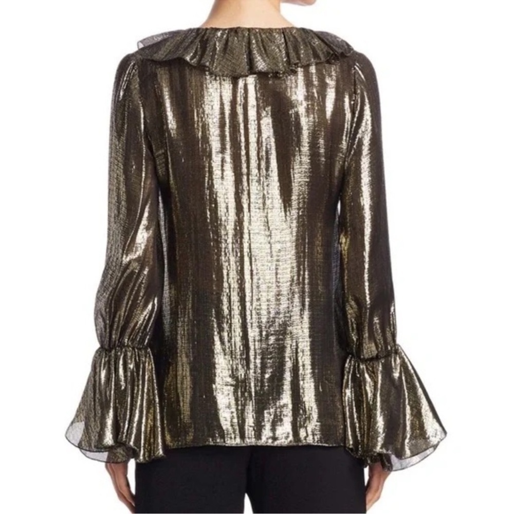 ALICE + OLIVIA Elliot Ruffle Blouse Metallic Gold Ruffle Top - Picture 5 of 12